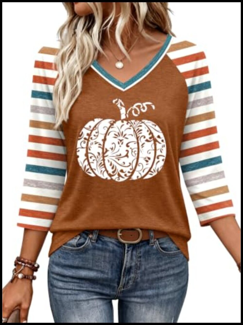 Halloween V-Neck Tee Women 3/4 Raglan Sleeve Soft Lightweight Polyester Rayon